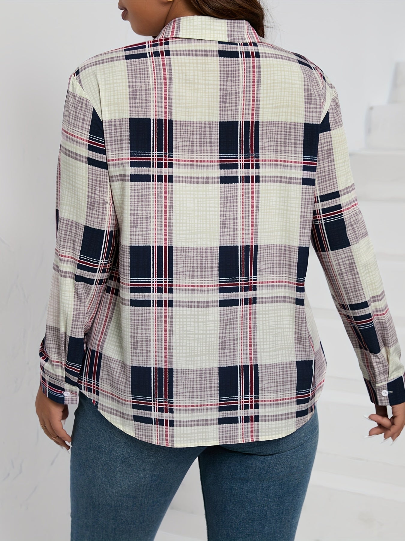  Plaid Print Long Sleeve Button Up Blouse