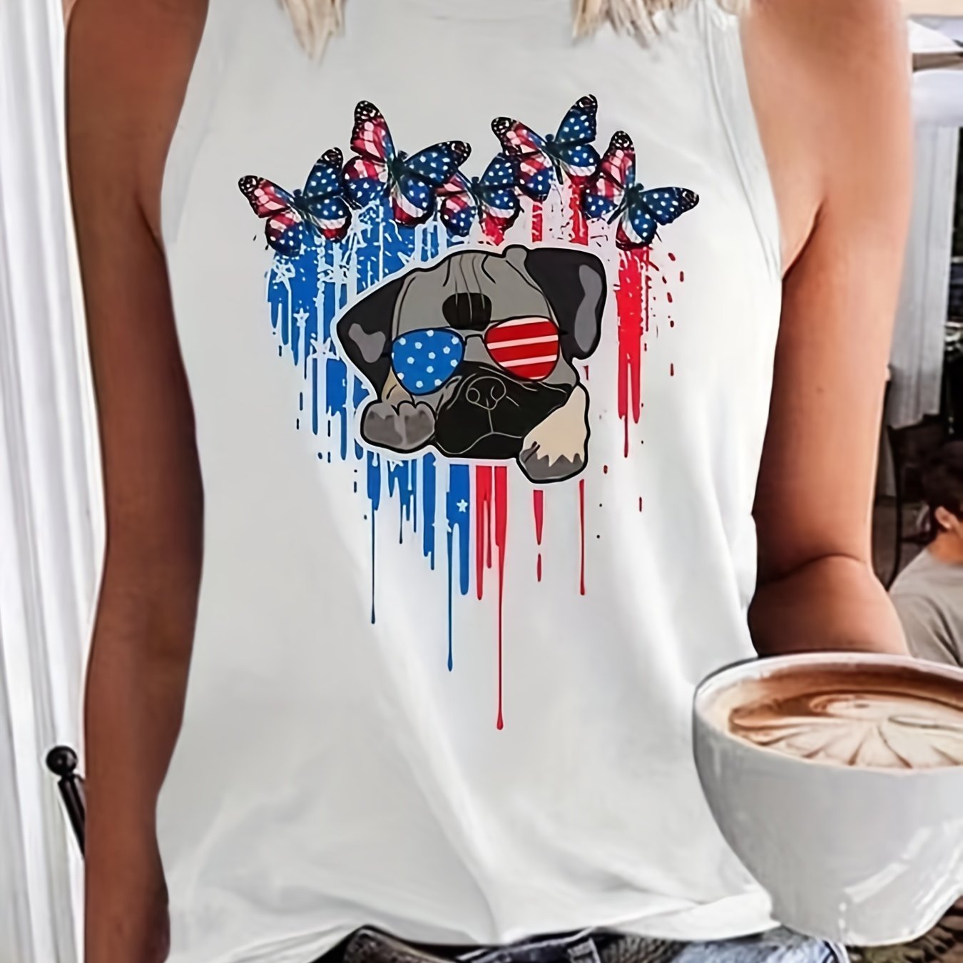 Butterfly & Dog Print Tank Top Crew Neck Casual Independence Tank Top