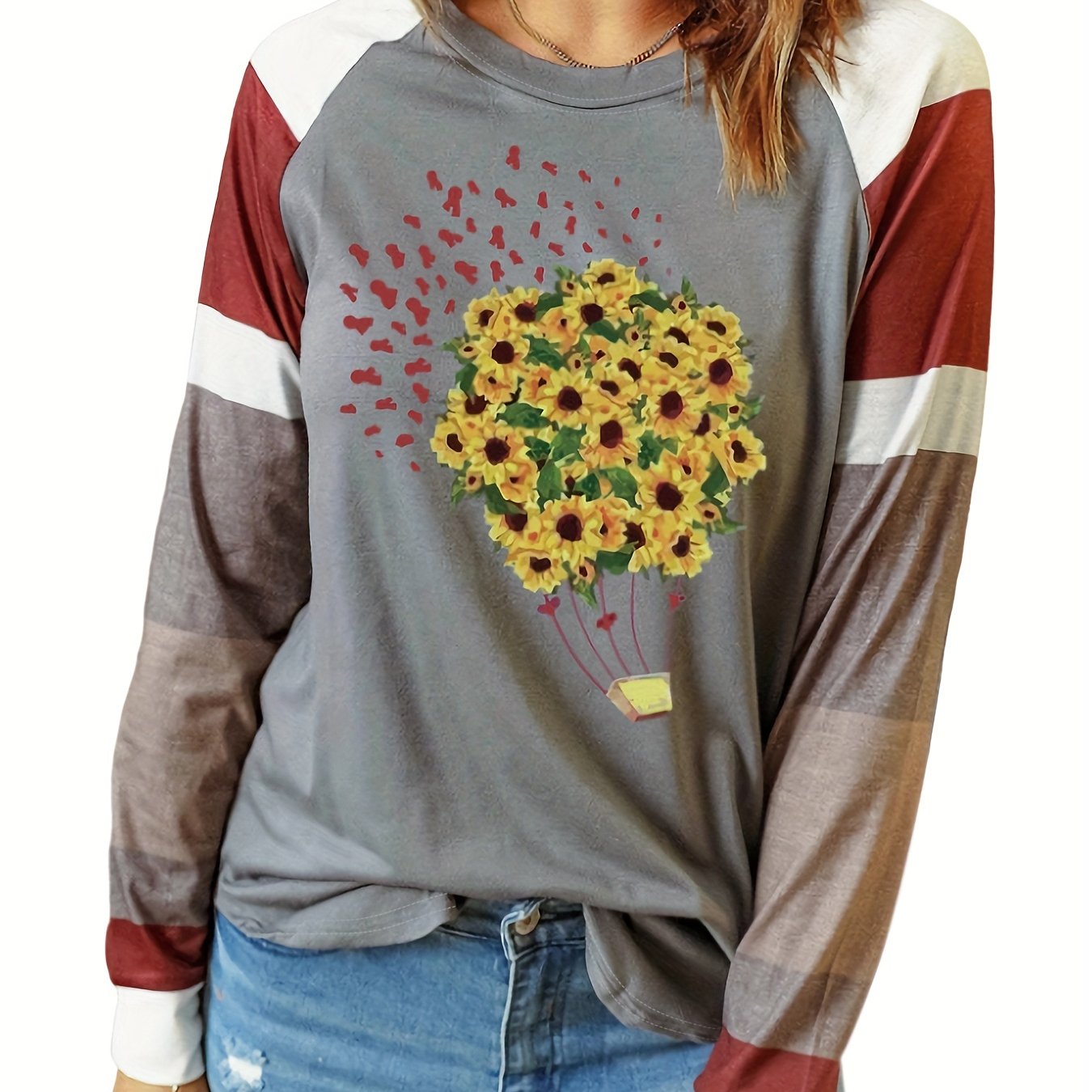  Colorblock Floral Print Knit Top Long Sleeve Round Neck Jumper