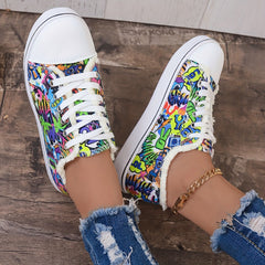 Women's Graffiti Printed Canvas Sneakers Lace Up Flat Shoes