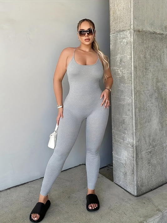 Solid Slim Cami Jumpsuit Sleeveless Cross Back Jumpsuit