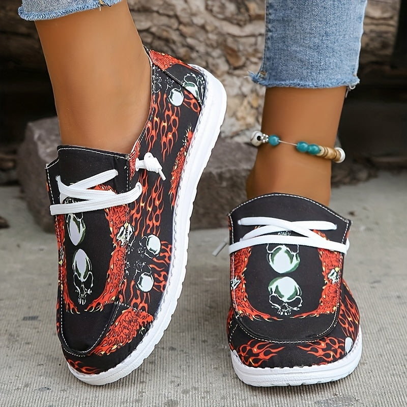 Women's Skull Pattern Canvas Shoes Lace Up Slip On Soft Sole Halloween Sneakers