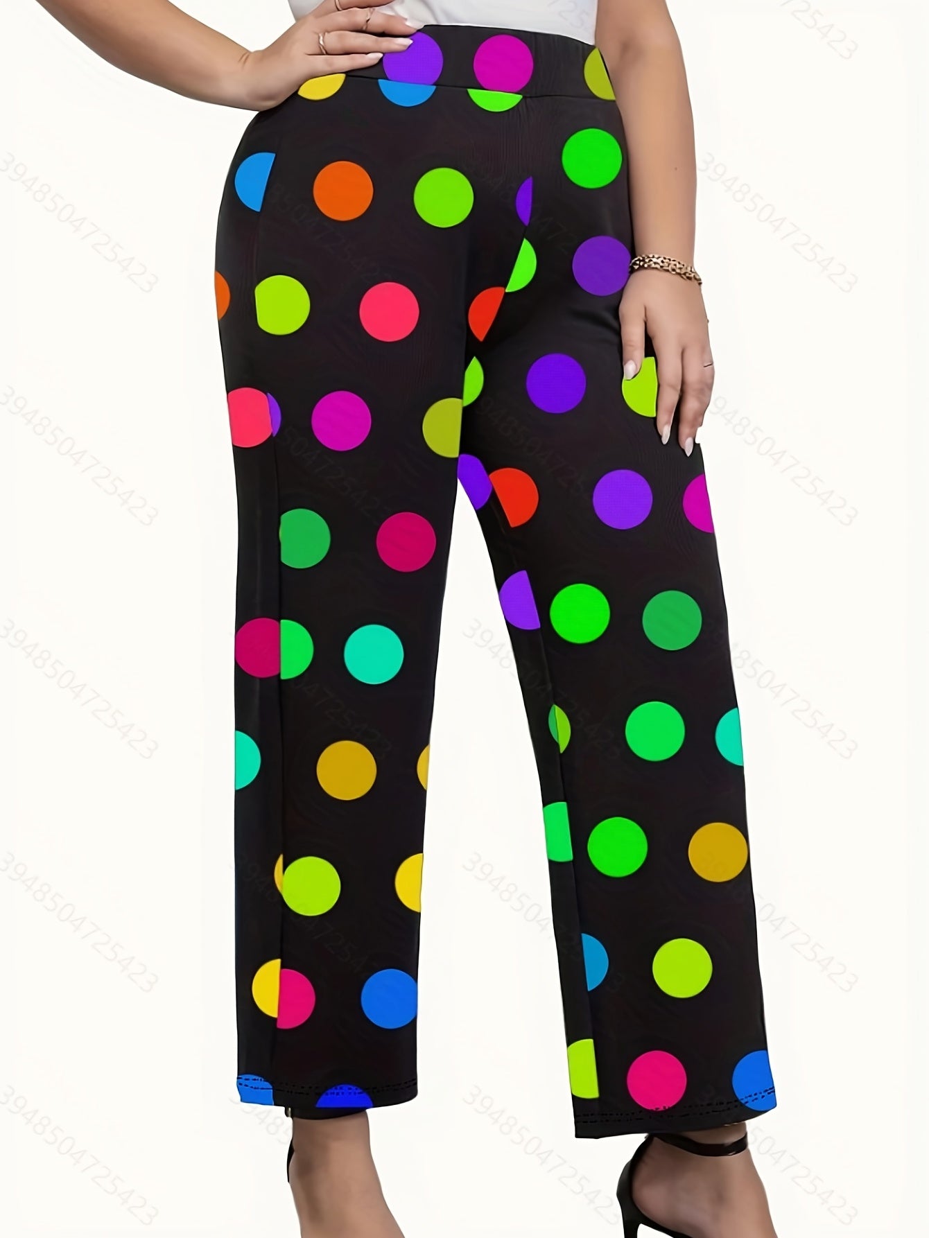 Colorful Dot Print High Rise Wide Leg Plus Size Casual Pants