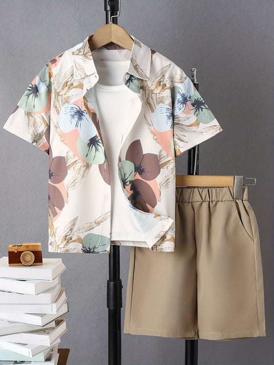 Boys Floral Shirt & Shorts Set, Casual Kids Clothes