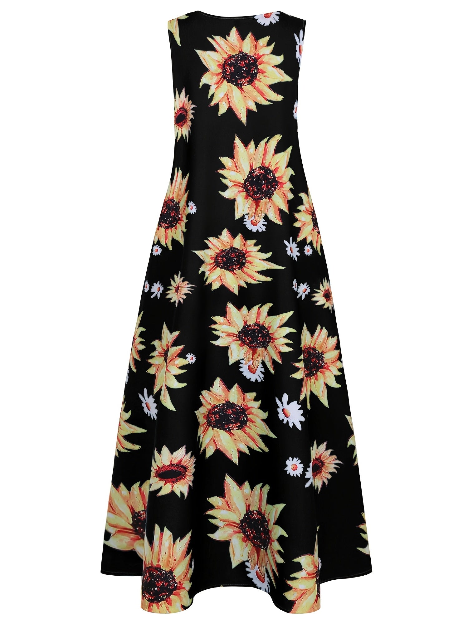  Sunflower Print Tank Maxi Dress Women's Plus Casual Long Dress