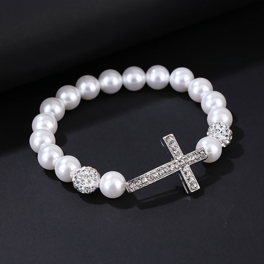 Faux Pearls Cross Bracelet Rhinestone Inlay Women Girls