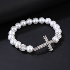 Faux Pearls Cross Bracelet Rhinestone Inlay Women Girls