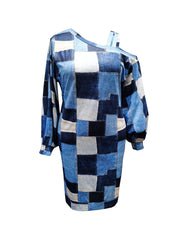  Denim Print Cold Shoulder Bodycon Midi Dress
