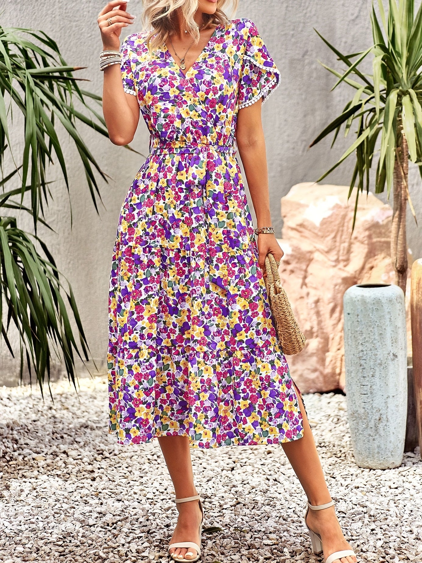 Floral Print Summer Vacation Dress V Neck Petal Sleeve Tiered Dress