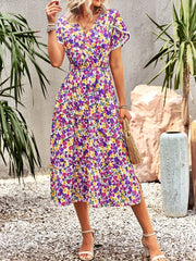 Floral Print Summer Vacation Dress V Neck Petal Sleeve Tiered Dress