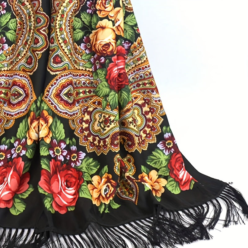 Flower Print Tassel Scarf Vintage Windproof Shawl Women