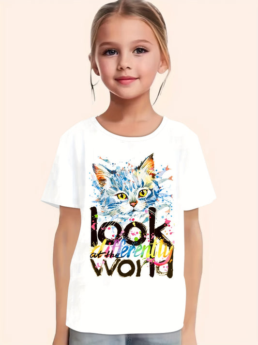 Cute Cat Graphic Tee for Girls