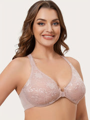 Floral Jacquard Plus Size Front Closure Racer Back Bra