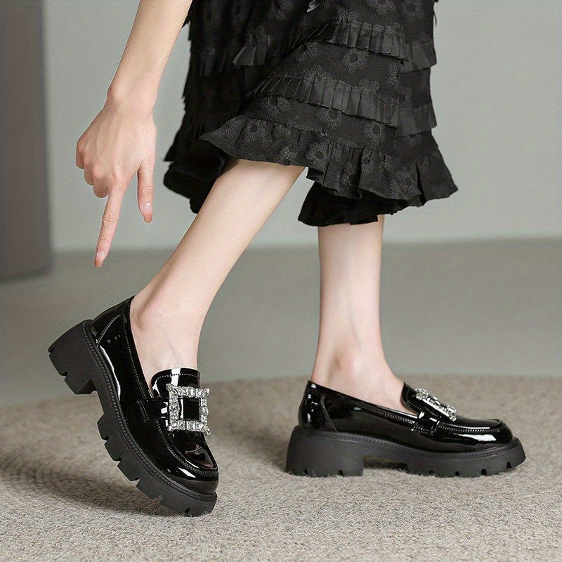 Chunky Heel Loafers Rhinestone Slip On Platform Shoes
