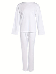 Casual 2-Piece Set Crew Neck Long Sleeve Top & Wide Leg Pants Outfit