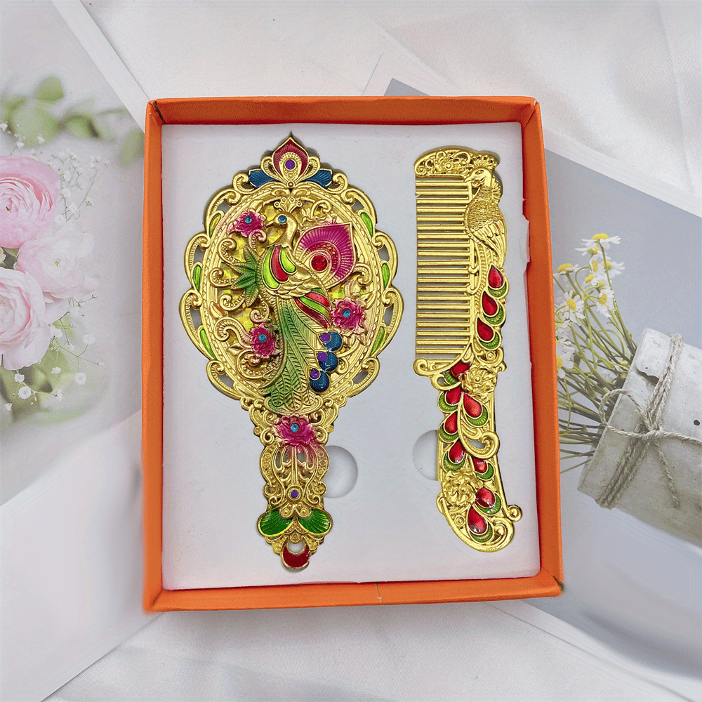 Classic Peacock Handle Mirror Comb Kit