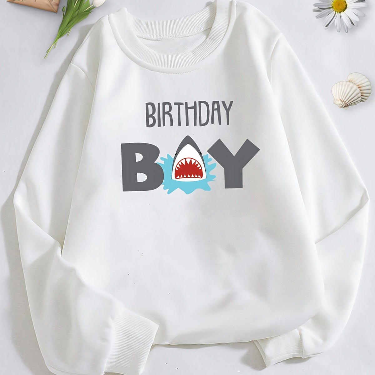 Shark And BIRTHDAY BOY Print Boys Sweatshirt Long Sleeve Crew Neck Tops