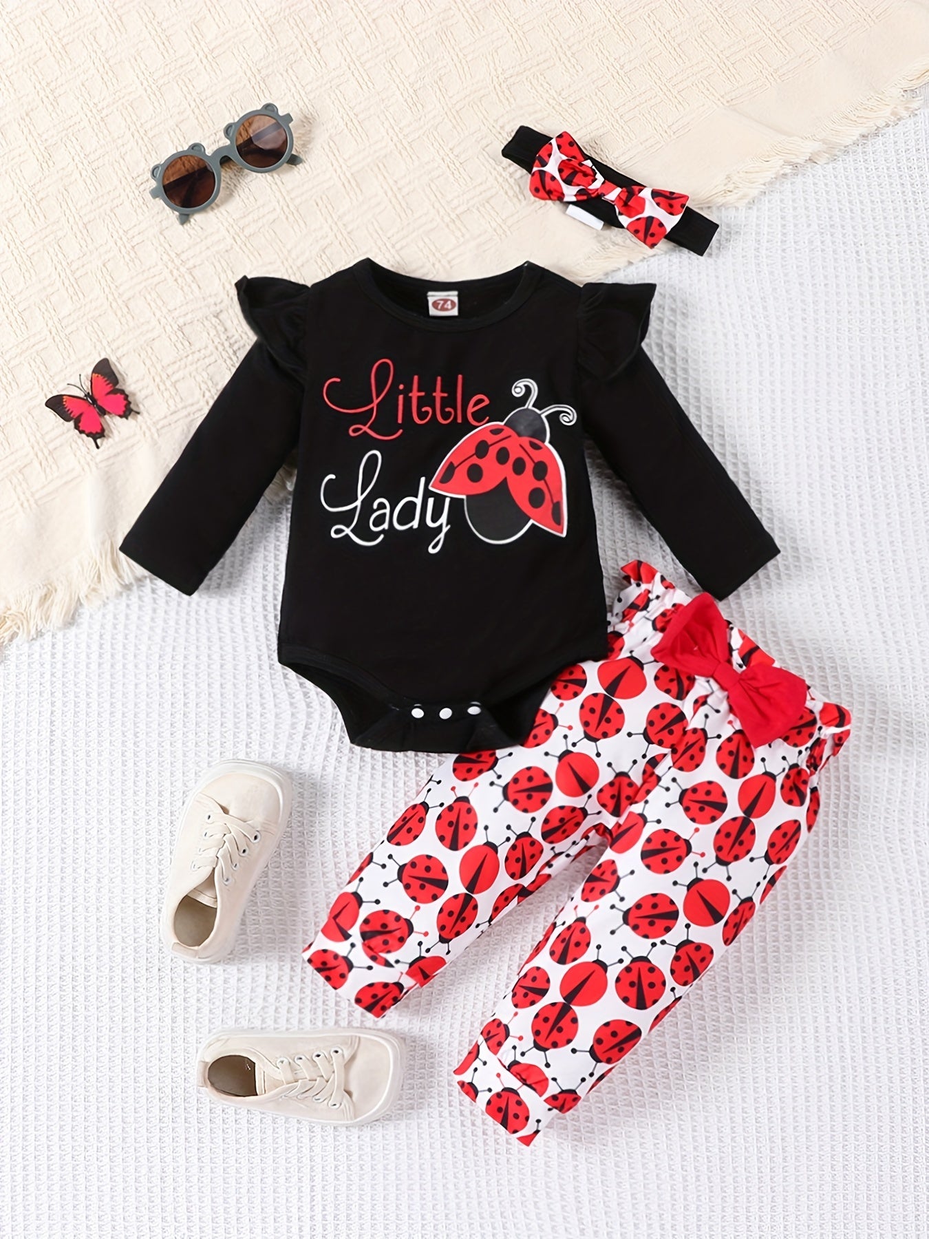3pcs Newborn Baby Girls Ladybug Cartoon Print Outfit Set
