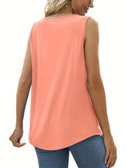 Pleated Front Crew Neck Tank Top Sleeveless Summer Casual Women's Clothing