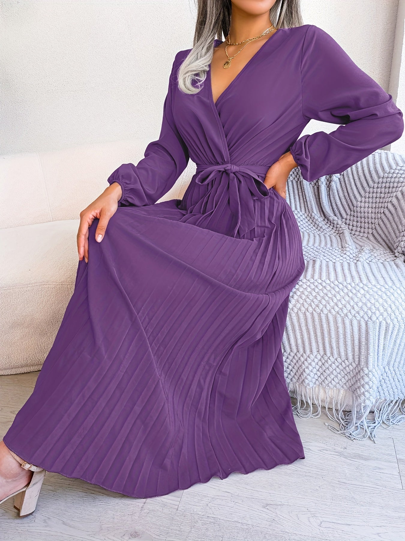 Maxi Bridesmaid Dress V Neck Lantern Sleeve Solid Dress