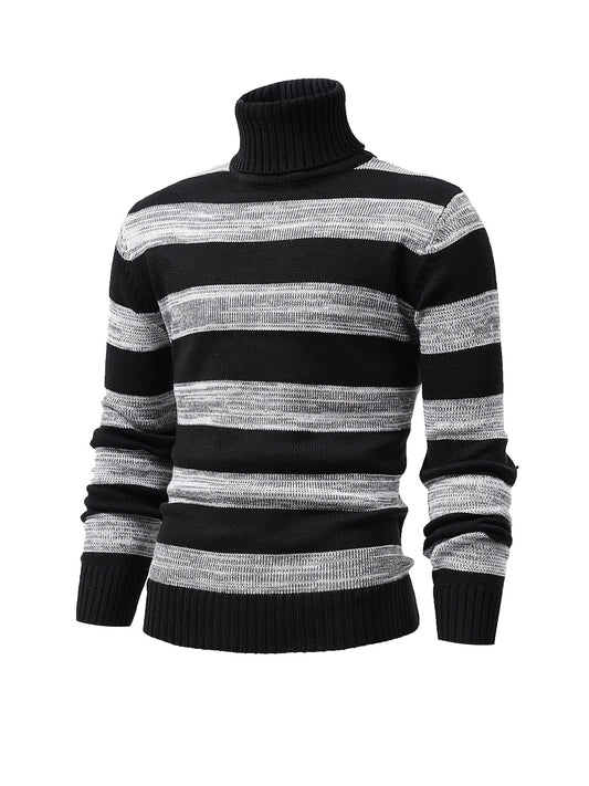 Men's Turtle Neck Knit Sweater Warm Striped Pullover for Fall Winter