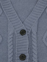  Solid Jacquard Long Sleeve Button Up V Neck Sweater Cardigan