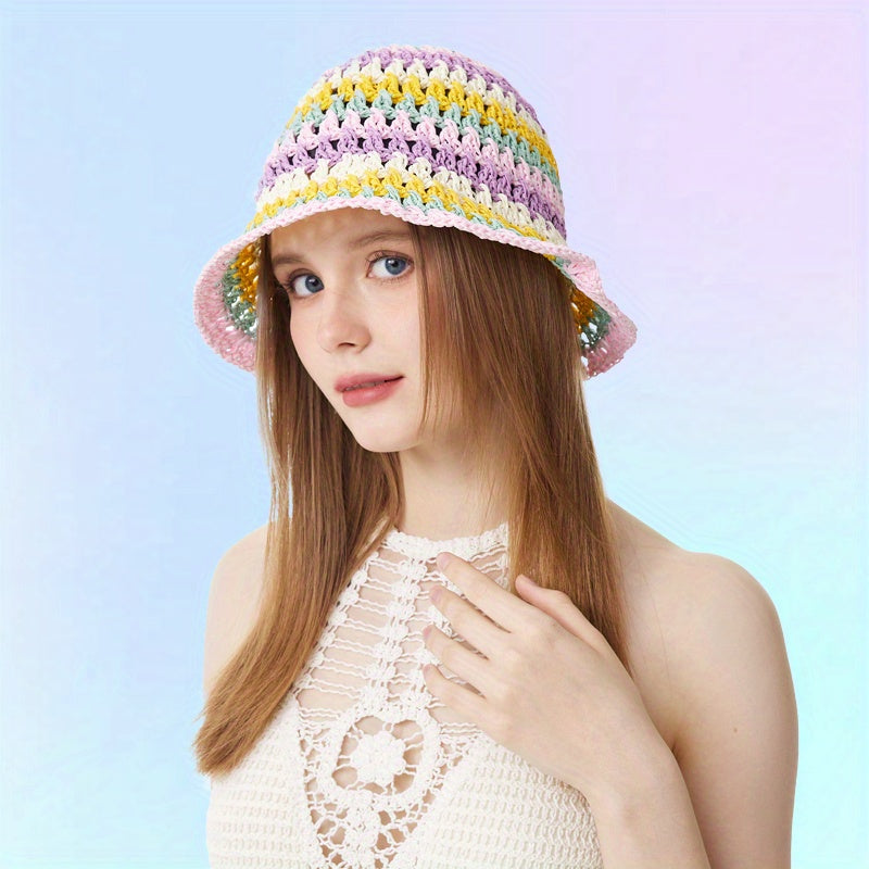 Rainbow Striped Crochet Bucket Hat Hollow Out Straw Sun Hat