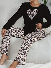 Leopard Pajama Set Long Sleeve Heart Print Top & Pants