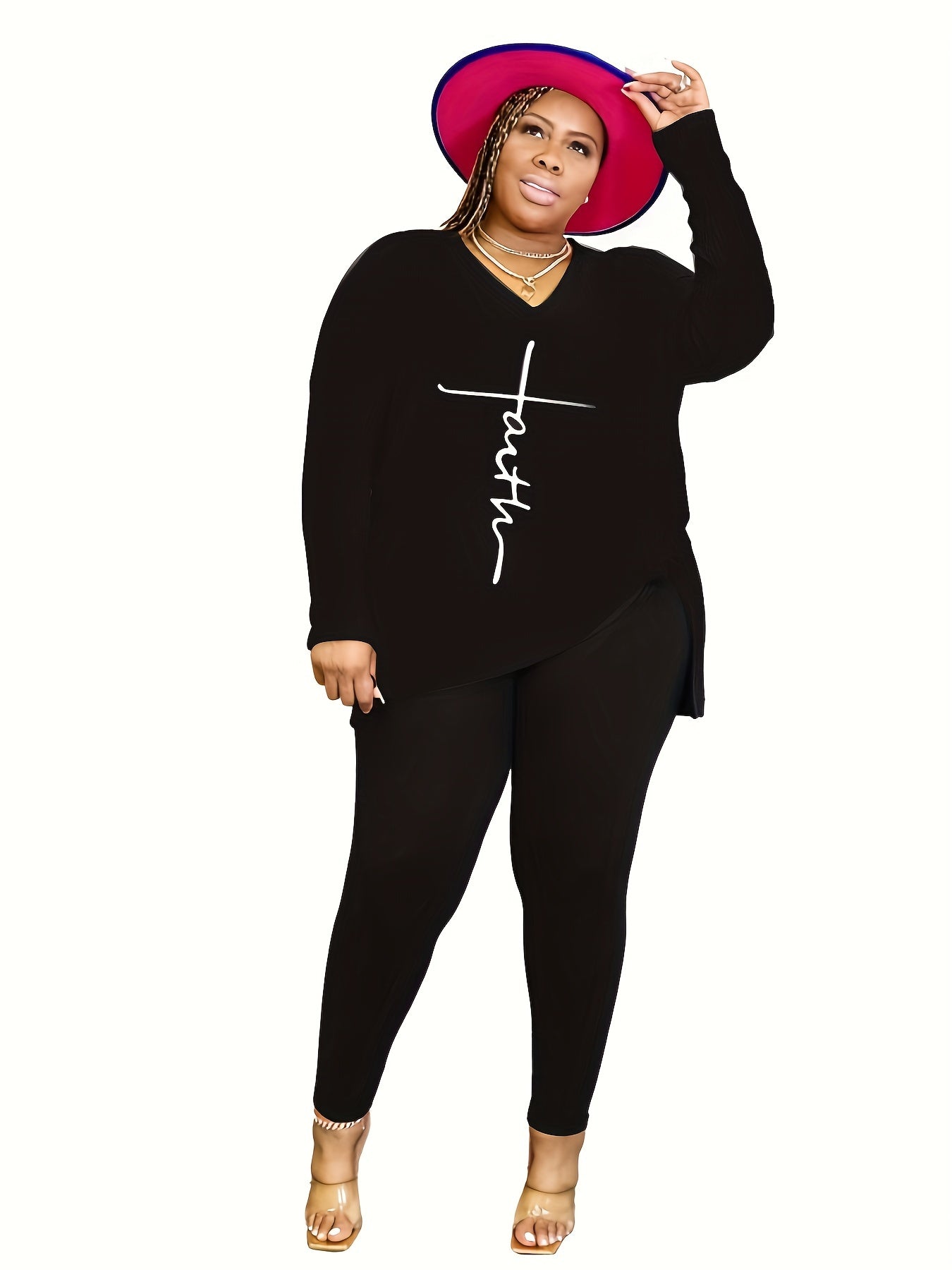  Cross Letter Print V Neck Tee & Pants Set