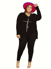  Cross Letter Print V Neck Tee & Pants Set