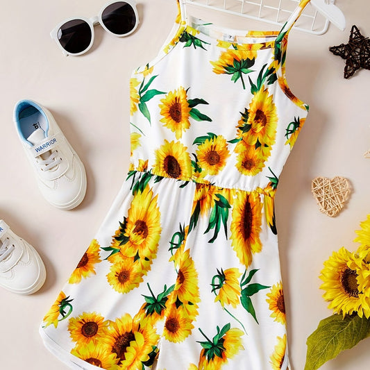 Girls Sunflower Graphic Cami Rompers Jumpsuits For Beach Vacation