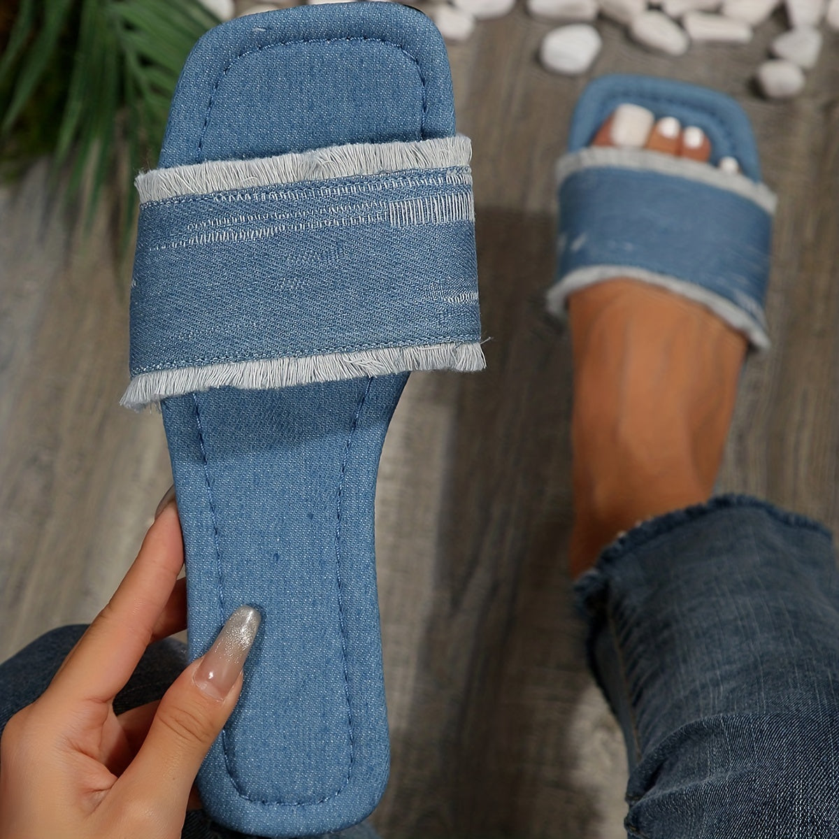 Women's Denim Flat Slides Sandals Square Open Toe Slip On