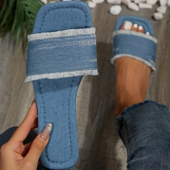 Women's Denim Flat Slides Sandals Square Open Toe Slip On