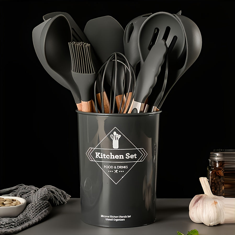 12pcs Silicone Cooking Utensil Set with Wood Handles Nonstick Kitchen Gadgets