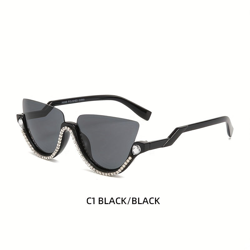 Y2K Cat Eye Semi Rimless Sunglasses with Rhinestones