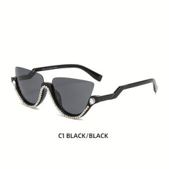 Y2K Cat Eye Semi Rimless Sunglasses with Rhinestones