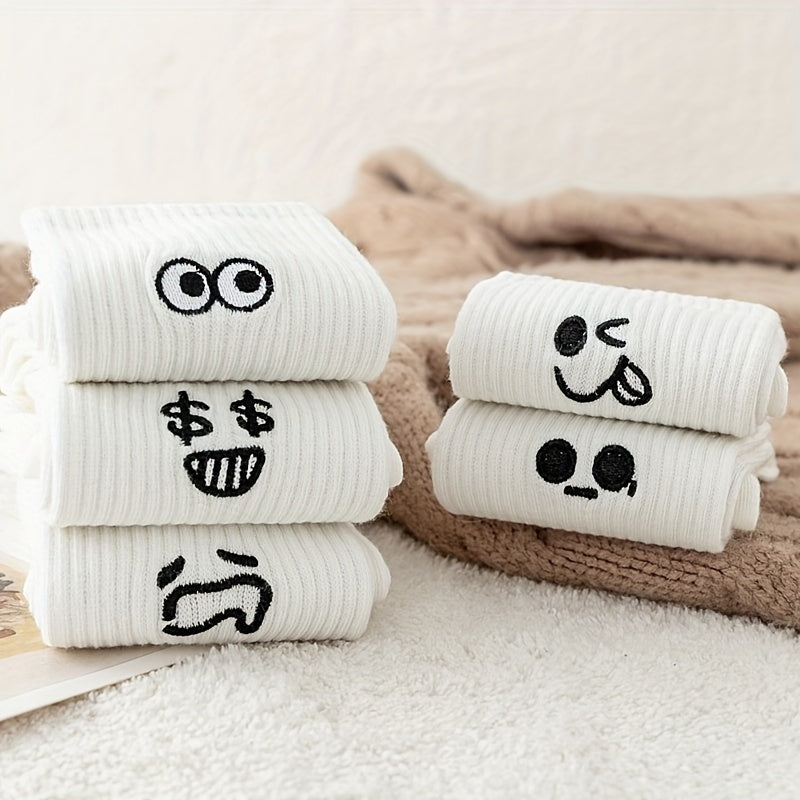 5 Pairs Expression Print Ribbed Socks for Women
