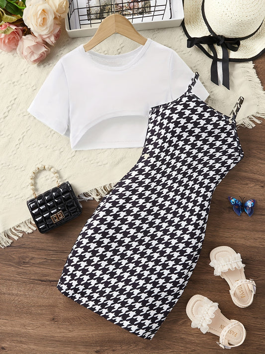 Girls Cropped T-shirt & Houndstooth Dress Set for Summer Party