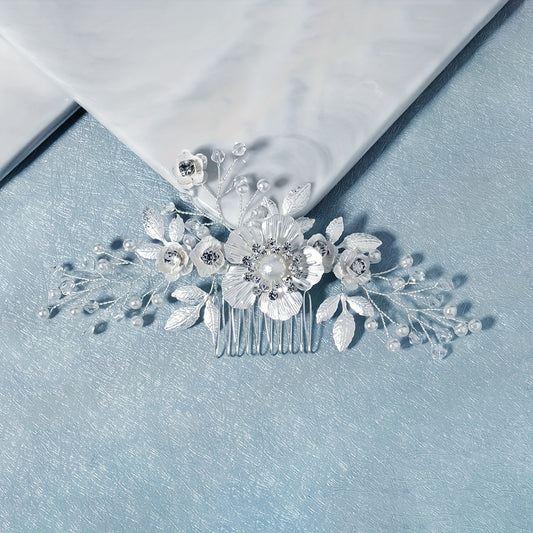 Flower Charm Hair Comb Crystal & Faux Pearl Bridal Headwear
