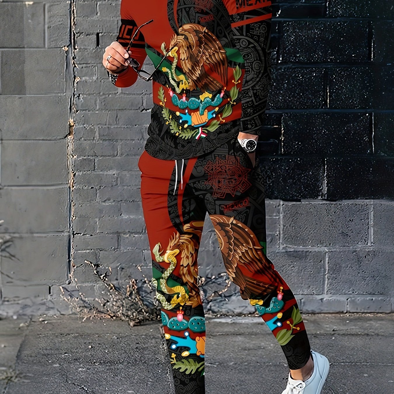 Mexico Eagle Print Men's Sweatshirt & Sweatpants Set
