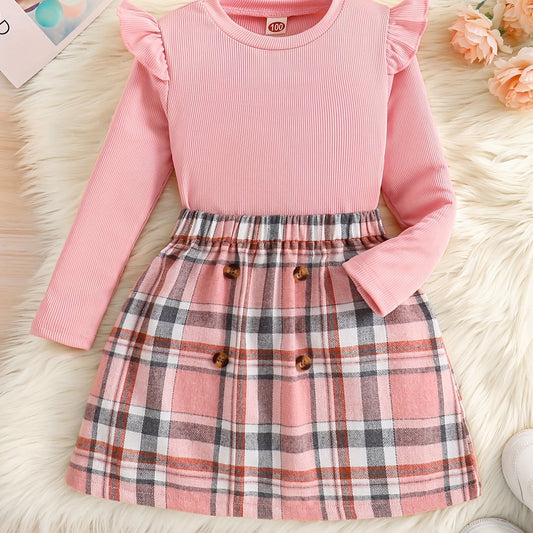 Girl's Ribbed Long Sleeve Top & Plaid Skirt Set Button Decor Outfit