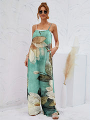 Boho Ink Print Jumpsuit Spaghetti Wide Leg Women's Clothing
