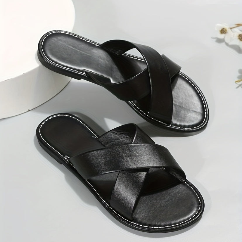 Women's Cross Strap Flat Slippers Open Toe Non Slip Slides