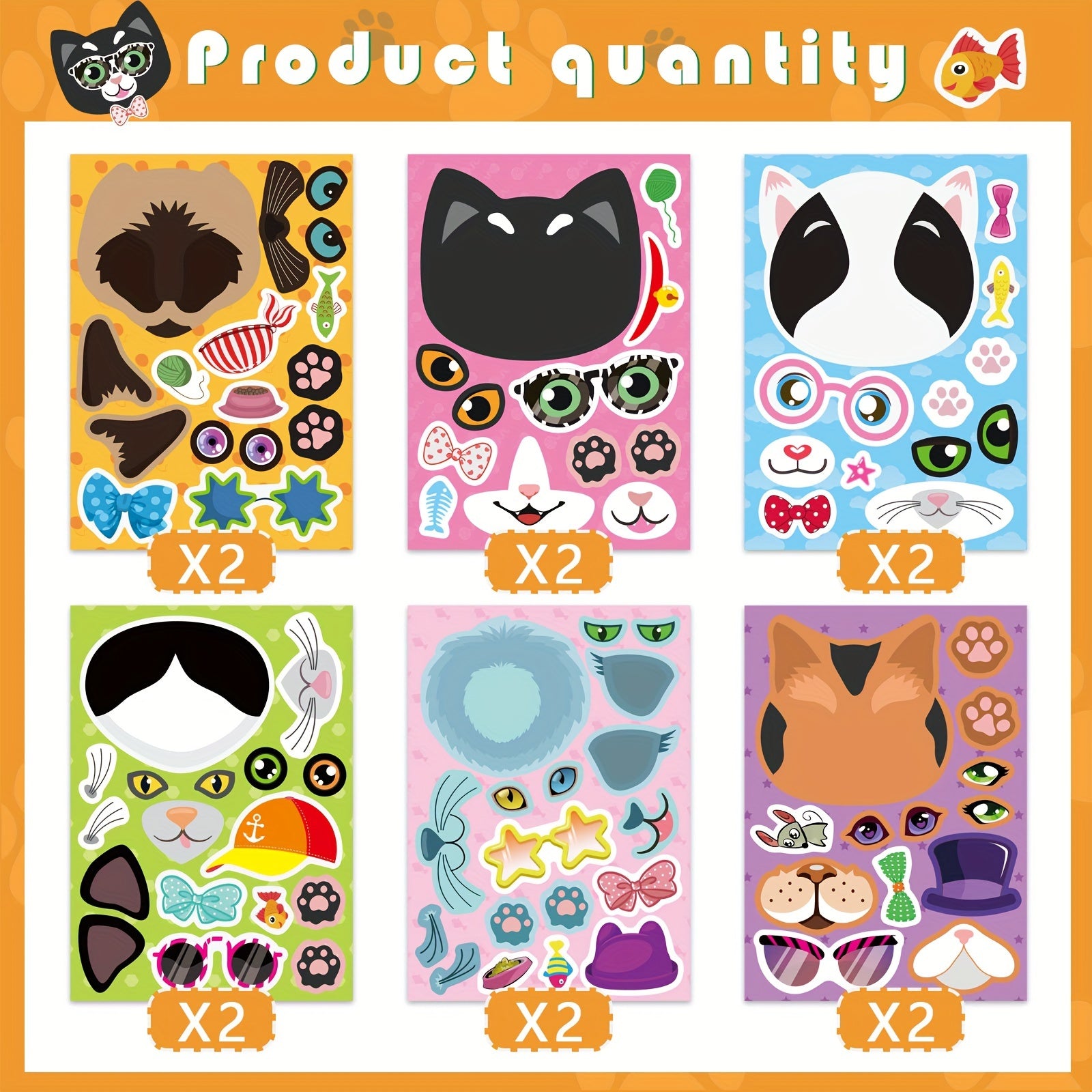 12 Sheets Cats Face Stickers Animal Birthday Gift Supplies