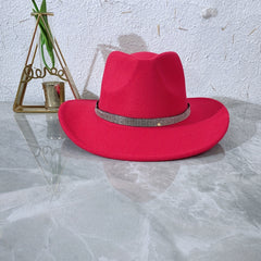 Red Rhinestone Fedora Cap Wide Brim Hat