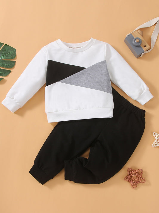 Baby Boy Long Sleeve Round Neck Grey Patchwork Pants Set