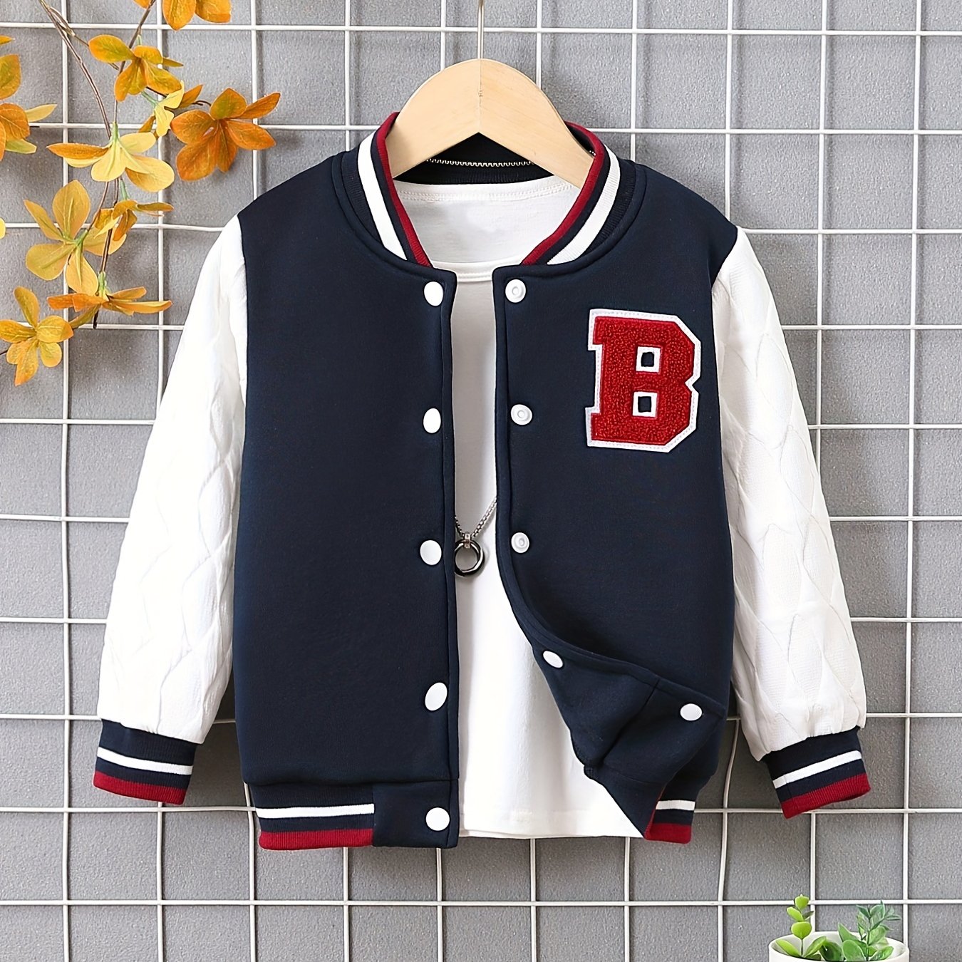 Boys Casual Letter Print Fleece Baseball Jacket