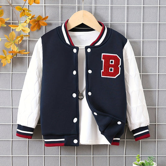Boys Casual Letter Print Fleece Baseball Jacket