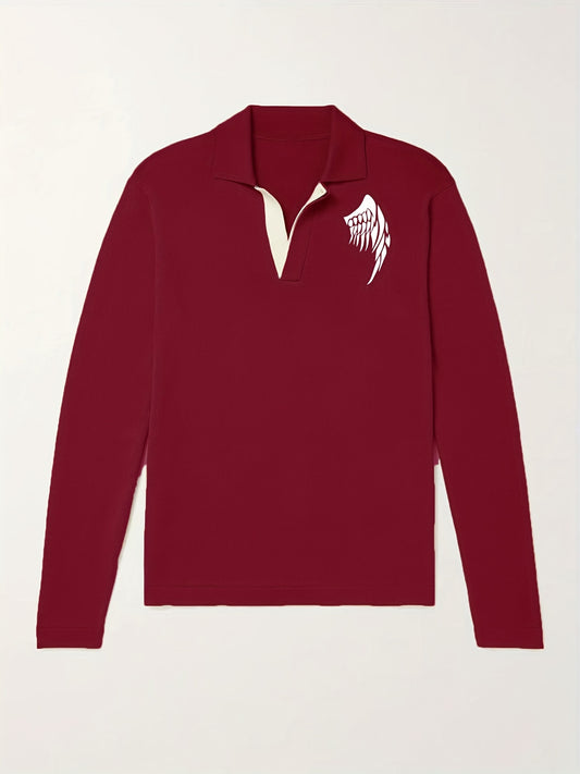 Men's Wing Pattern Knit Polo Shirt Stretch V Neck Sweater