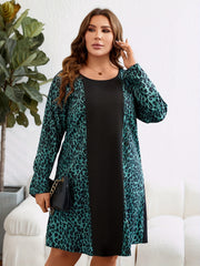  Colorblock Leopard Print Long Sleeve Round Neck Tee Dress